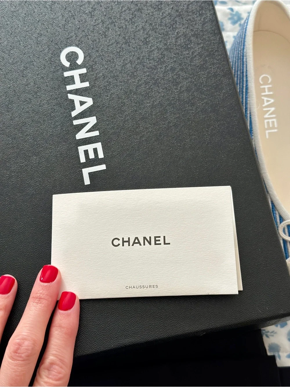 CHANEL Blue Striped and Cream Cap-Toe Ballet Flats